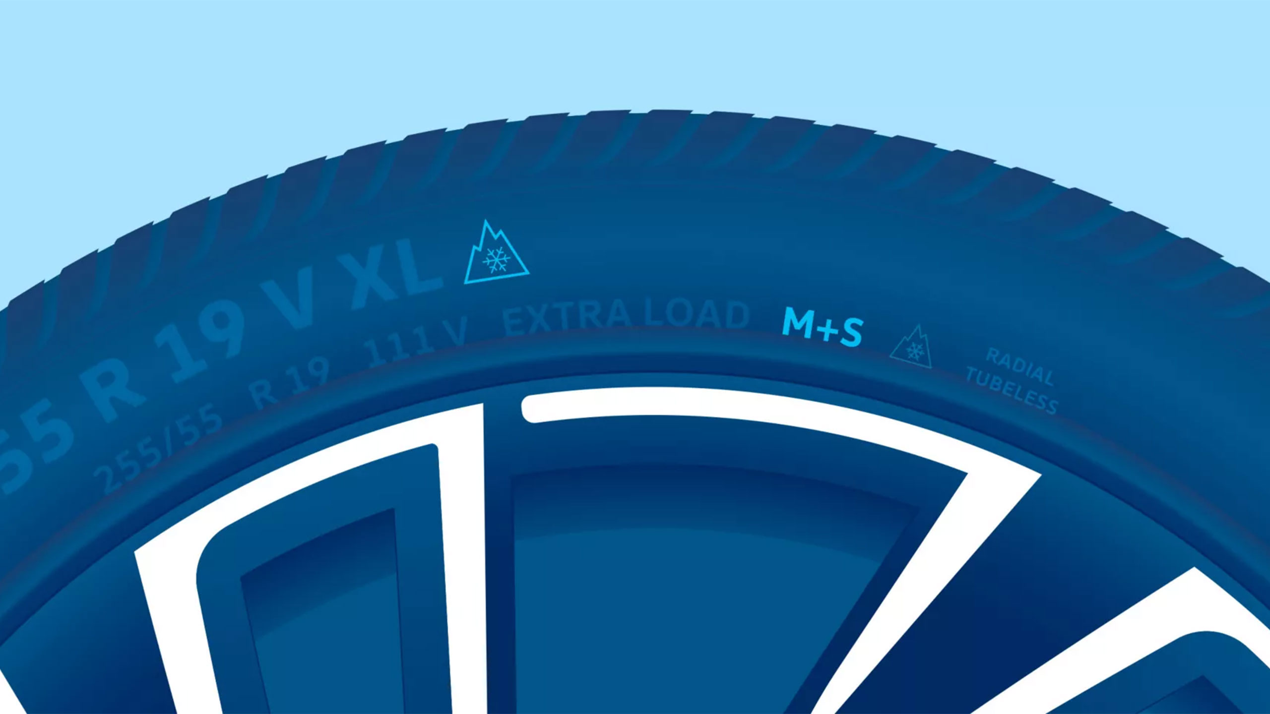 Illustration d’un pneu hiver VW avec le symbole du flocon de neige et le marquage M+S